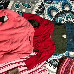 The pink sweat shirt. Red i3 quarter, green a sweater, blue is a sweater dress